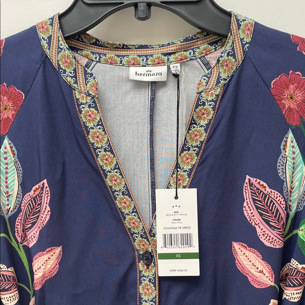Hermoza NWT Johanna Tie Dress Navy Flora Long Sleeve Size XS Dress - Picture 3 of 10